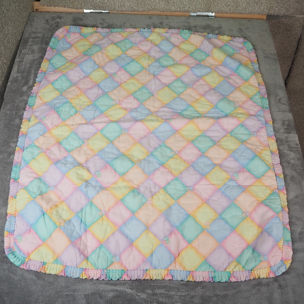 Vintage Carter's Pastel Ruffle Quilt Teddy Bears Honey‎ Bees Blanket Reversible